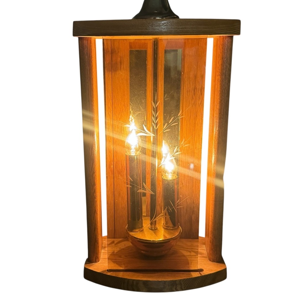 VTG MCM Etched Amber Colored Glass Panel Lamp Wood Brass 3-Way Don Ward Style